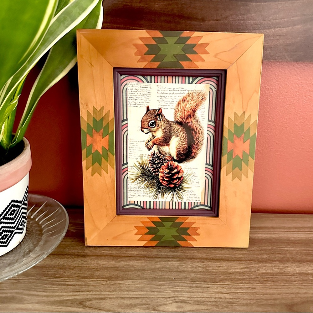 Vintage Style Squirrel Drawing Postcard Art in Vintage Wood Tribal Aztec Frame
